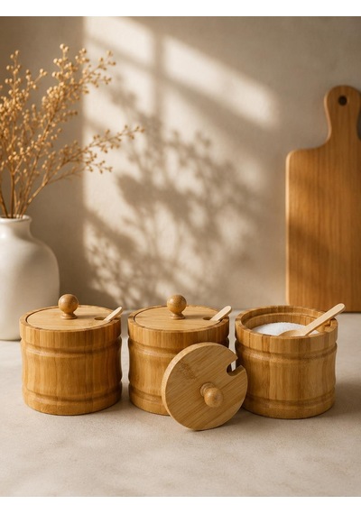 Bambu Baharatlık Seti 3'lü Kaşıklı Kapaklı Tuzluk Çay Şekerlik Kahve Ve Baharat Saklama Kabı 9x9 Cm