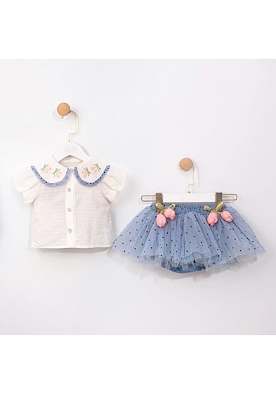 Ministok Eliza Yakası Nakışlı Şortlu Tütü Etekli Kız Bebek Takım Mavi