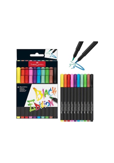 Faber-Castell Black Edition Keçeli Kalem Fırça Uç 10’lu, Parlak Renkler, Yazım ve Boyama İçin Uygun, Yumuşak