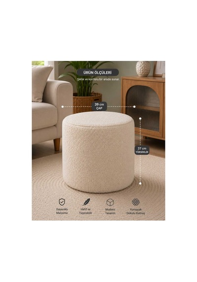 Pufly Peluş Çok Amaçlı Dekoratif Puf Koltuk Dekoratif Puf Krem
