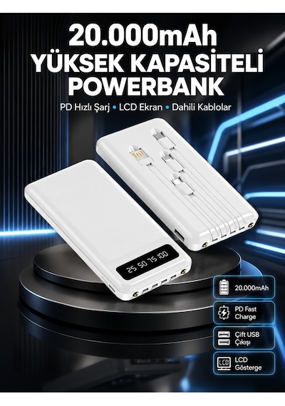 Akıllı Lcd Ekranlı 20.000mah Powerbank Pd + Usb + Type-c Yeni Nesil - Lisinya Beyaz