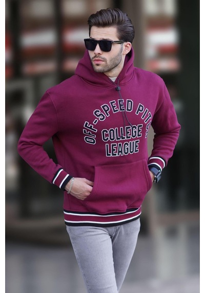 Madmext Bordo Kapüşonlu Cep Detaylı Baskılı Erkek Sweatshirt 7068 Bordo