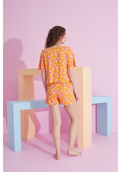 Siyah İnci Likralı Örme T-shirt-şort Pijama Takım Turuncu Puan