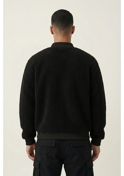 Genius Store Erkek Mont Peluş İçi Astarlı Oversize Geniş Kalıp Sherpa Kuzu Kumaş Spor Mont Siyah