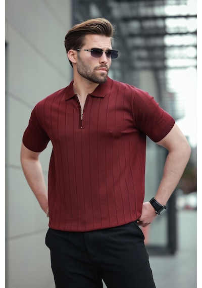 Madmext Madmext Bordo Polo Yaka Fermuarlı Erkek T-shirt E7298 Bordo