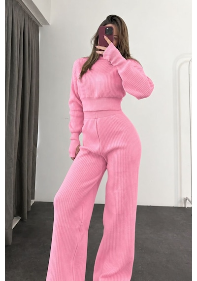 De Pose Kadın Yarım Balıkçı Örgü Crop Kazak Pantolon Triko Alt-üst Takım Pembe Pembe