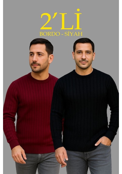 Barlashive Erkek Fitilli Triko Kazak 2 Li Set Siyah Bordo Kalın Dokuma Pamuklu Regular Fit Bisiklet Çok Renkli
