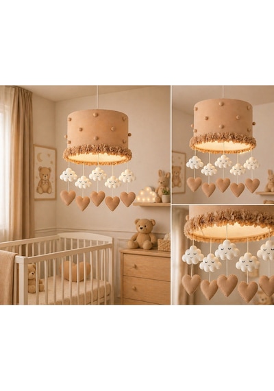 El Yapımı Kahverengi Ponpon Çiçekli Bebek Odası Avizesi 30x20 Cm Bej
