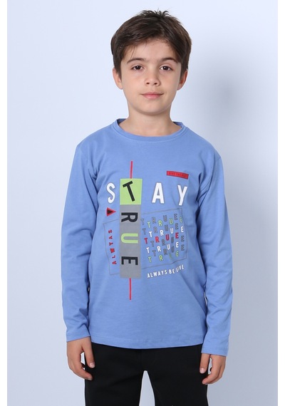 Hçm Erkek Çocuk Uzun Kollu Tshirt Stay True Baskılı Bisiklet Yaka E29 İndigo