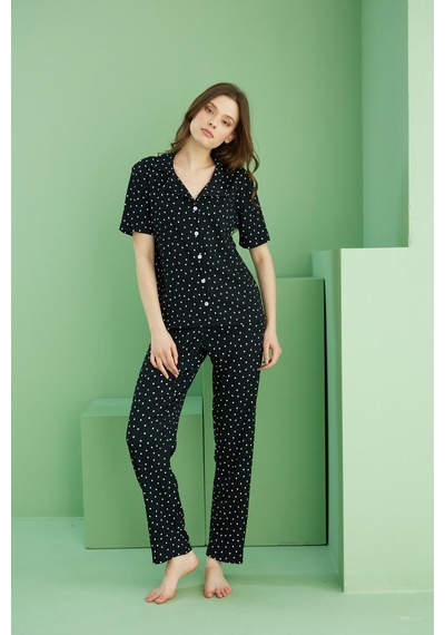 Siyah İnci Bürümcük Krınkıl Kumaş Örme Düğmeli Pijama Takım25118556 Çok Renkli