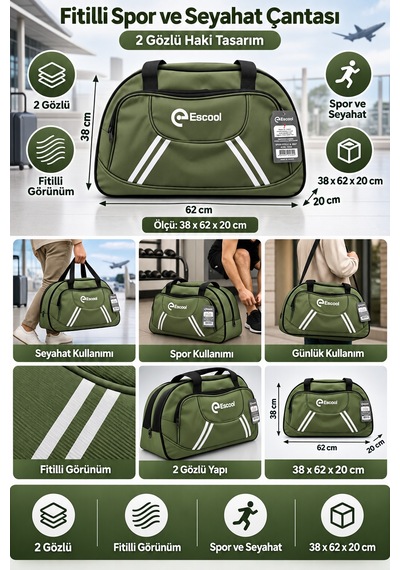 Fitilli Spor Ve Seyahat Çantası Haki 2 Gözlü 38x62x20 Cm Günlük Kullanım Çok Renkli