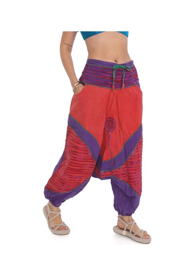 Bohem Stil Hint Otantik Yıkamalı Taşlanmış Patchwork Unisex Şalvar Pantolon-9188 Mor