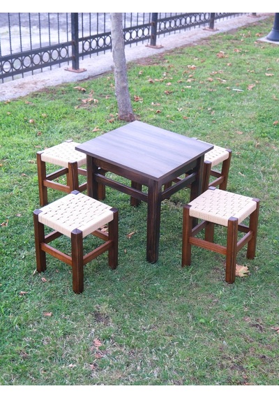 Kare Masa Ve 4 Adet Örme Hasır Tabure Takımı 35 Cm Ceviz