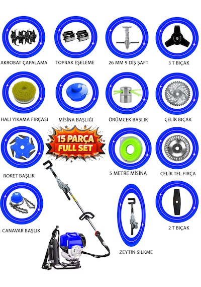 Vertoro-15x 15 Parça Full Set Sırt Tipi Çapalama+zeytin Silkeme Hasat Toplama Gtx Seri Tırpan Motoru