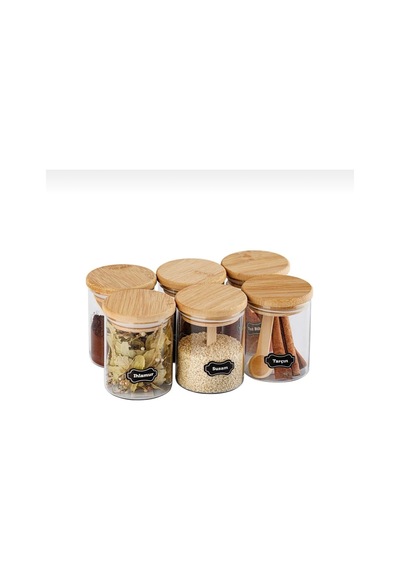 6 Li Kaşıklı Etiketli 250 Ml Bambu Kapaklı Cam Baharatlık Seti Baharatlık Takımı Diğer