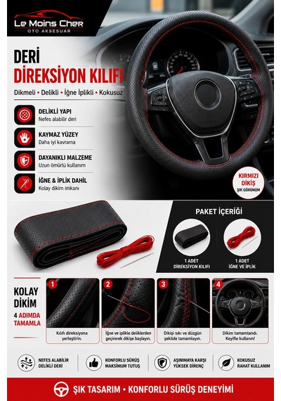 Alfa Romeo 159 Tı Kırmızı Deri Direksiyon Kılıfı Dikmeli Delikli İğne İplikli Kokusuz