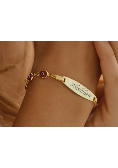 Queen Silver Jewelry 925 Ayar Gümüş Kırmızı Göz Boncuklu Çocuk Künye İsim Yazılı Altın