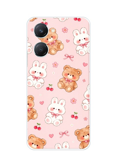 Vivo Y18 Uyumlu Pembe Ayıcıklı Ve Tavşanlı Kawaii Kiraz Baskılı Silikon Kılıf