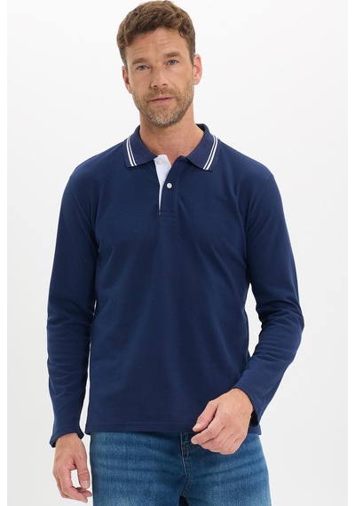 Tudors Erkek Slim Fit Dar Kesim %100 Pamuk Uzun Kollu Lacivert Polo Yaka Tişört-52783