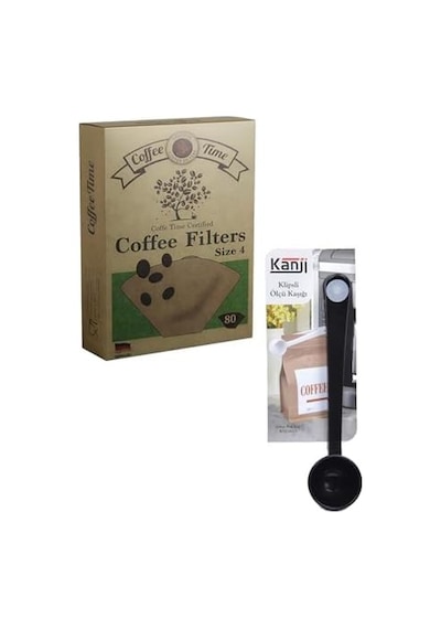 Time Filtre Kahve Kağıdı 1/4 4 Numara 80'li Paket + Kanji Klipsli Çay Kahve Ölçü Kaşığı - Siyah S