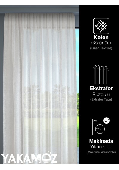 Kirli Beyaz Keten Görünümlü Ekstraforlu Tül Perde Linen Touch Serisi Kirli Beyaz