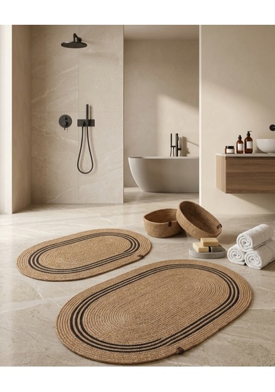 Senza Atelier Oval Jüt Banyo Paspası - Naturel Hasır Dokulu Dekoratif Banyo Halısı Hasır Siyah