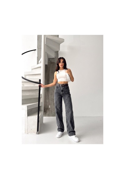 Kene Jeans Kar Siyah Kemerli Likralı Bol Paça Denim Pantolon Kar Siyah