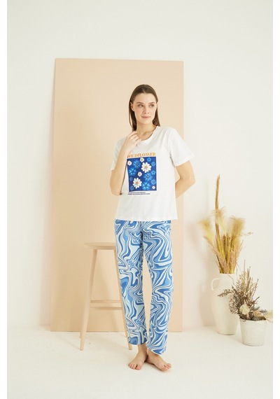 Siyah İnci Pamuklu Bisiklet Yaka Örme Pijama Takım25103246 Ekru