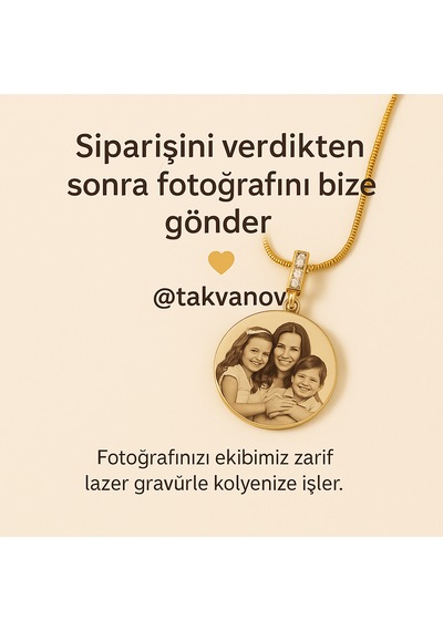 316l Paslanmaz Çelik Fotoğraflı İsimli Kişiye Özel Aile Kolyesi Altın Renk Yuvarlak Plaka Sarı