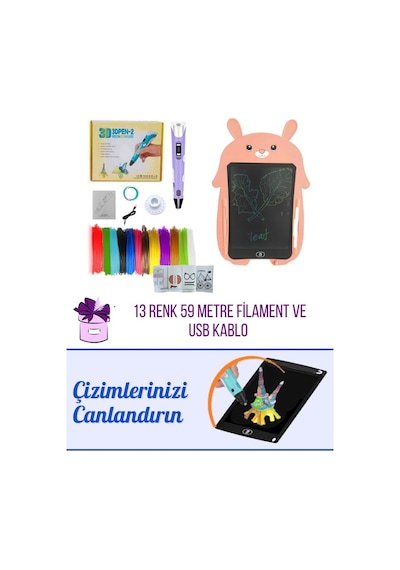 Mor 3D Kalem & Pembe Tavşan Grafik Tablet Seti – 50 Metre Filament ve USB Kablo