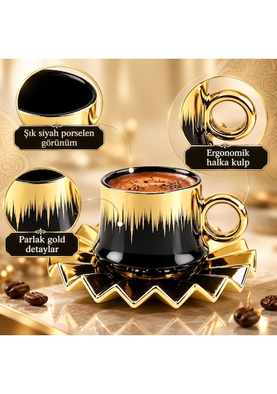 6 Kişilik 12 Parça Türk Kahvesi Fincan Seti 100 Ml Siyah Gold Detaylı Porselen Çok Renkli