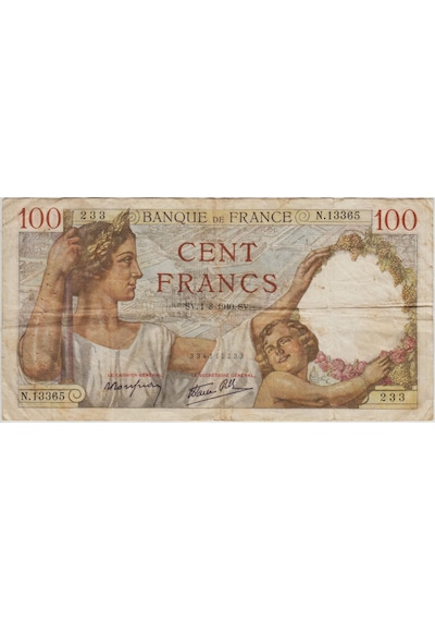Fransa 100 Frank 1940 İğne Delikleri Ve Kenarlarda Ufak Yırtıklar Var Temiz+