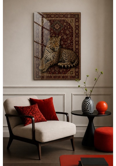 Leopar Desenli Oryantal Çiçek Motifli Temperli Cam Tablo Dekora