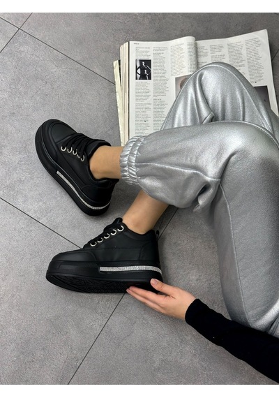 Erva'nın Butiği Siyah Cilt Miles Taş Detay Yüksek Taban Bağcıklı Sneakers-5636