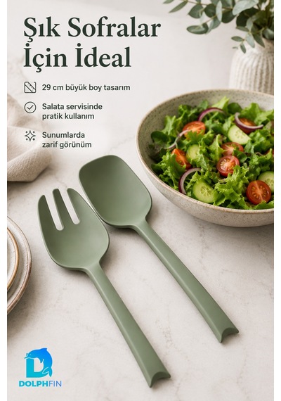 Salata Kaşık Çatal Seti 2 Li Büyük Boy 29 Cm Yeşil Plastik Servis Kaşığı Ve Çatalı