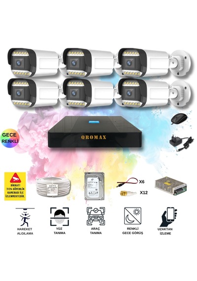 6 Kameralı Set - Yapay Zeka Özellikli Gece Renkli Gösteren 5mp Sony Lensli 12 Warm Ledli Fullhd Güvenlik Kamerası Seti 312w-9008