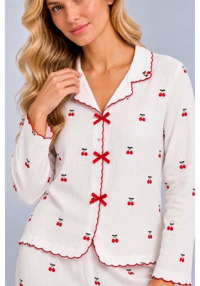 Pijamask Kadın Desenli Fiyonk Detaylı Düğmeli Uzun Kollu Müslin Pijama Takımı Beyaz
