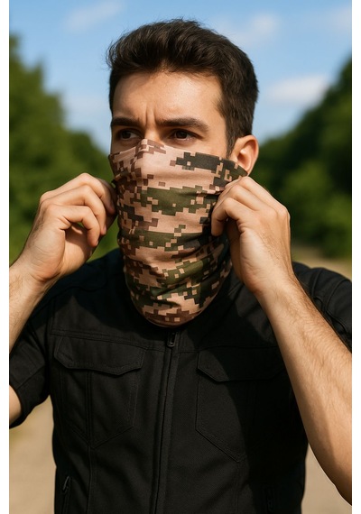 Sticker Works Motorcu Krem Yeşil Pixel Kamuflaj Buff Maske Outdoor Boyunluk Unisex Bandana Standart