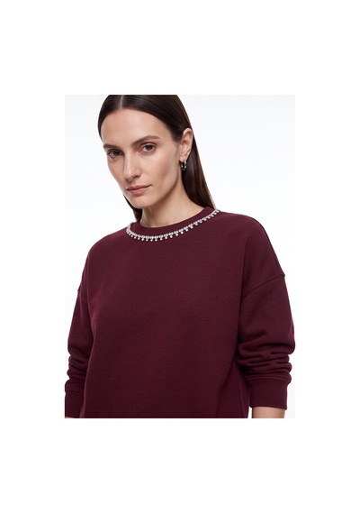 Fabrika Bordo Kadın Bisiklet Yaka Oversize Taşlı Sweatshirt F5wl-swt0036