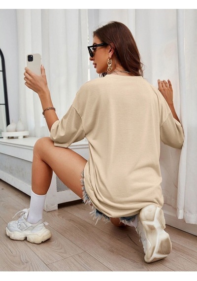 Flood Of Style Kadın Bej Keep Smılıng Oversize Bisiklet Yaka Tshirt