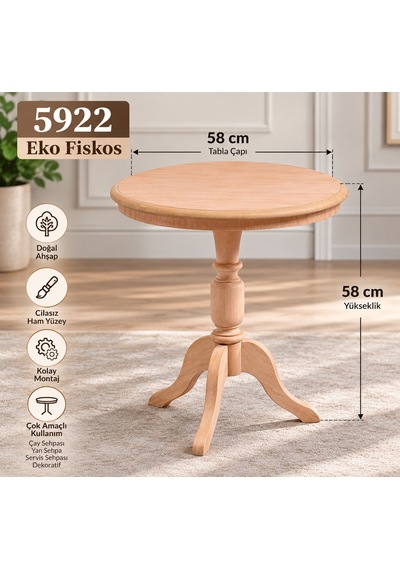 Bezos 5922 Eko Fiskos Cilasız Ham Ahşap Yuvarlak Çay Sehpası Dekoratif Yan Sehpa, Servis Sehpası Ve Boyanabilir Ahşap Fiskos Umt