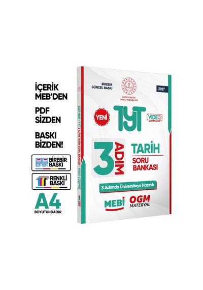 2027 TYT Mebi-ogm 3 Adım Tarih Soru Bankası Renkli A4 Boyut Video Çözüm Baskı Ücreti