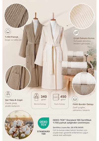 Stripe 6 Parça Çizgili Bornoz Seti %100 Pamuk Sertifikalı, Şalyaka Aile Bornoz Takımı Çeyiz Seti Krem - Bej