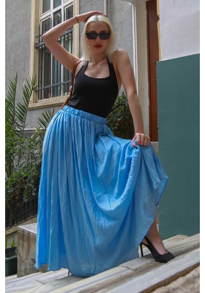 Madmext Bebe Mavisi Vual Kumaş Basic Kadın Uzun Boy Kadın Etek Mg2366 Bebe Mavisi