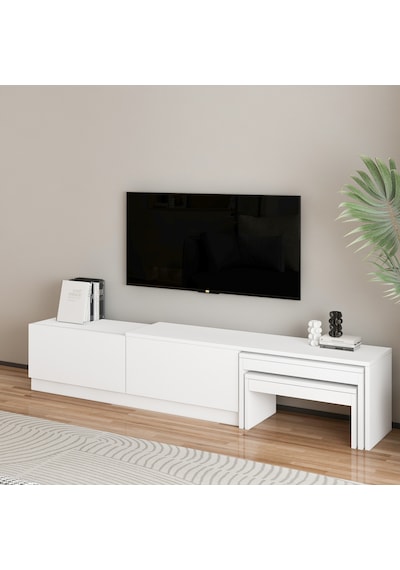 Nest Tv Sehpası Modern Tasarım,2 Kapaklı Depolama Ve İkili Zigon Sehpa İle Fonksiyonel Mobilya Beyaz Nest Tv Sehpası Modern Tasarım,2 Kapaklı Depolama Ve İkili Zigon Sehpa İle Fonksiyonel Mobilya Beyaz