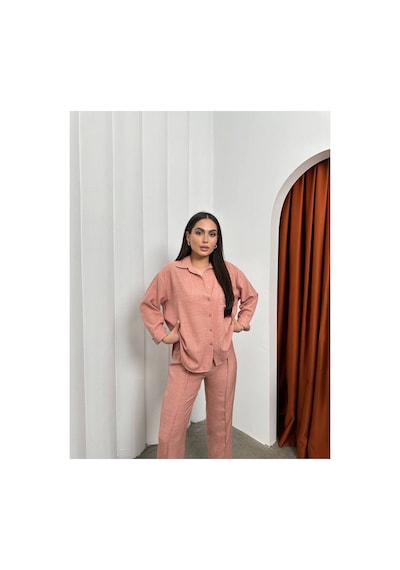 Meecy Kadın İkili Keten Gömlek Pantolon Alt Üst Takım İpli Pembe Pembe