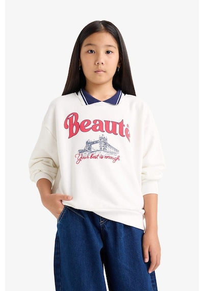 Defacto Relax Fit Polo Yaka Baskılı Sweatshirt Kız Çocuk F2251A825AU Ekru