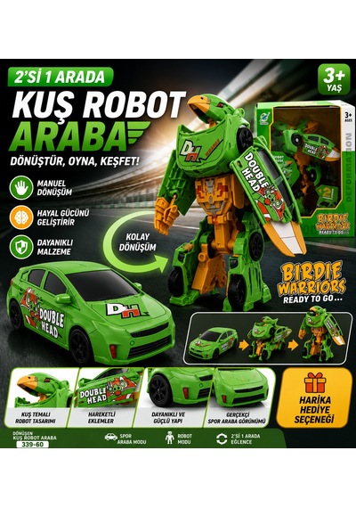 Dönüşen Kuş Robot Araba 2'si 1 Arada Robot Ve Spor Araba Oyuncak Manuel Dönüşüm - Yeşil