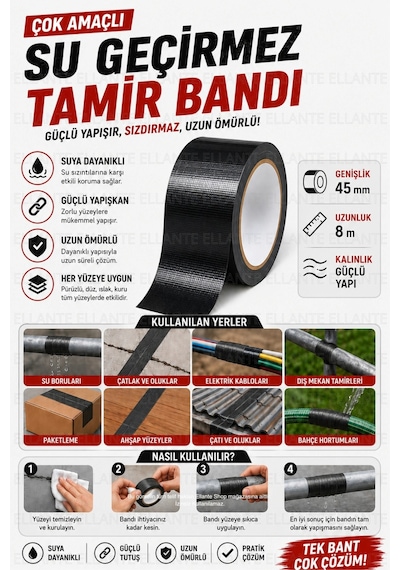 Çok Amaçlı Su Geçirmez Sızdırmaz Dayanıklı Izolasyon Siyah Tamir Bandı 45 Mm 8 Mt 1 Adet Güçlü
