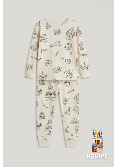 Zuzunga Boyanabilir Doğum Günü Temalı Çocuk Pijama Takımı Yıkanabilir 6-lı Kalem Hediyeli Ekru